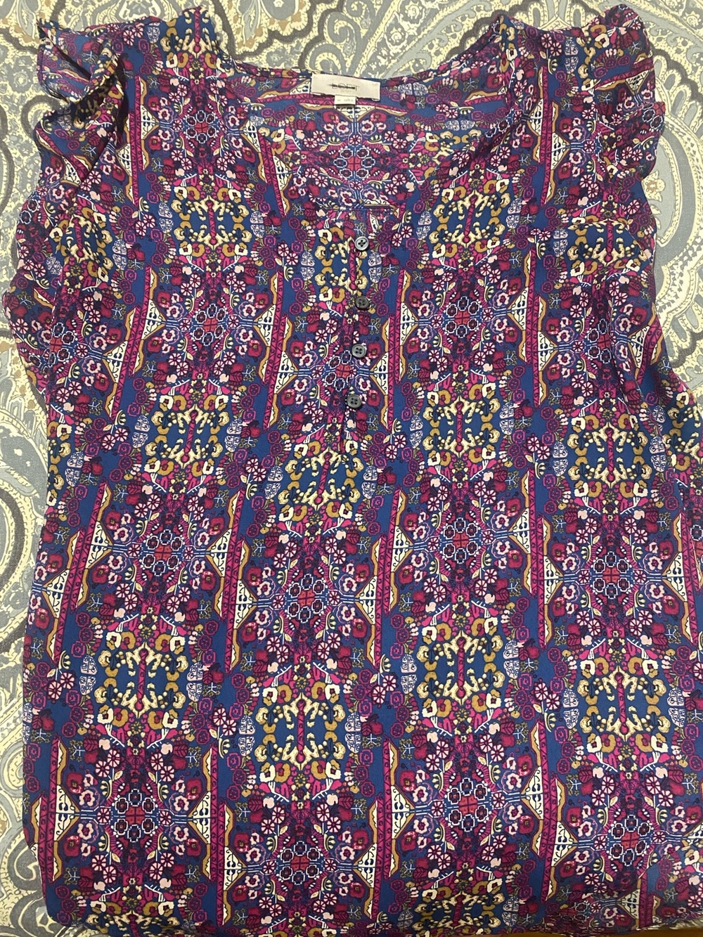 LOFT colorful Mosaic Ruffle Sleeve Top